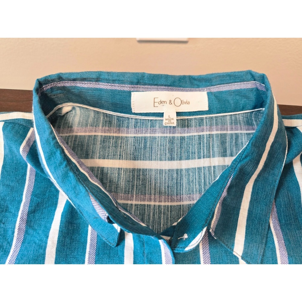 Eden‎ & Olivia Top Women's Turquoise White Stripped Button Down Roll Tab Sleeve - Picture 7 of 14